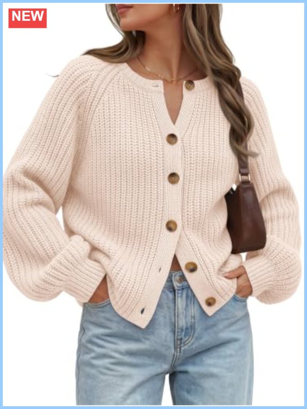Chunky Knit Cardigan Sweater Cotton Blend Balloon Sleeve Button Down